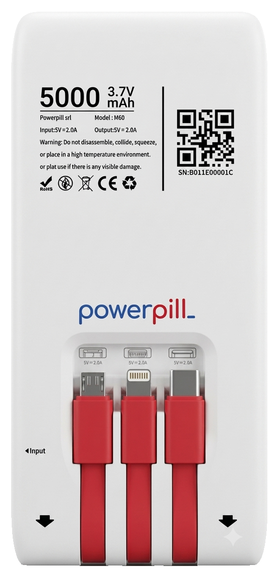 Retro della powerbank Powerpill con i tre cavi integrati USB-C, Lightning e Micro-USB